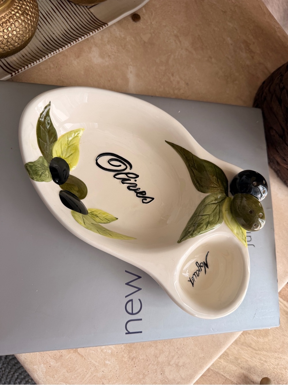 Cream Ceramic Olive Serving Tray with Green Leaf Accents
